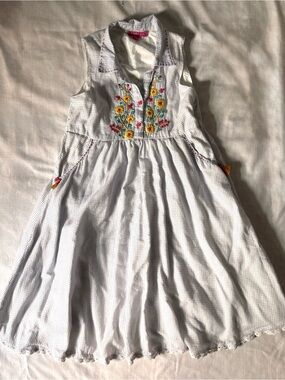Biba Girls White Embroidered Floral Grid Sundress Size 6-7 Years